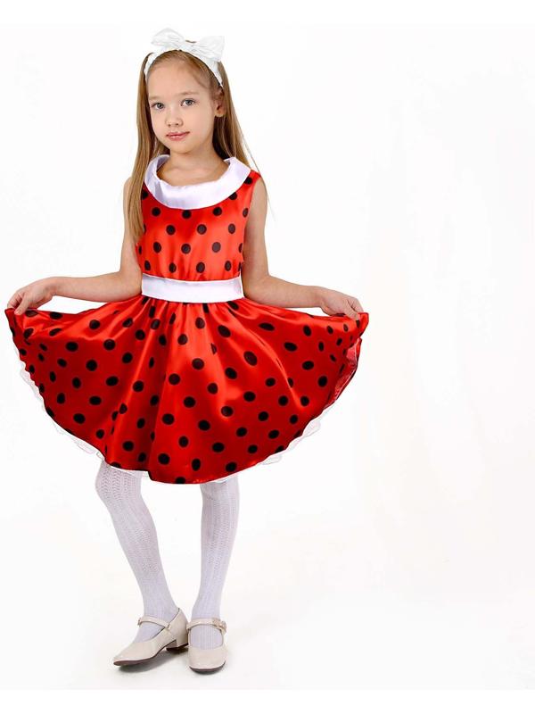 Карнавальный костюм «Стиляги 1», платье красное в чёрный горох, повязка, р. 34, рост 134 см