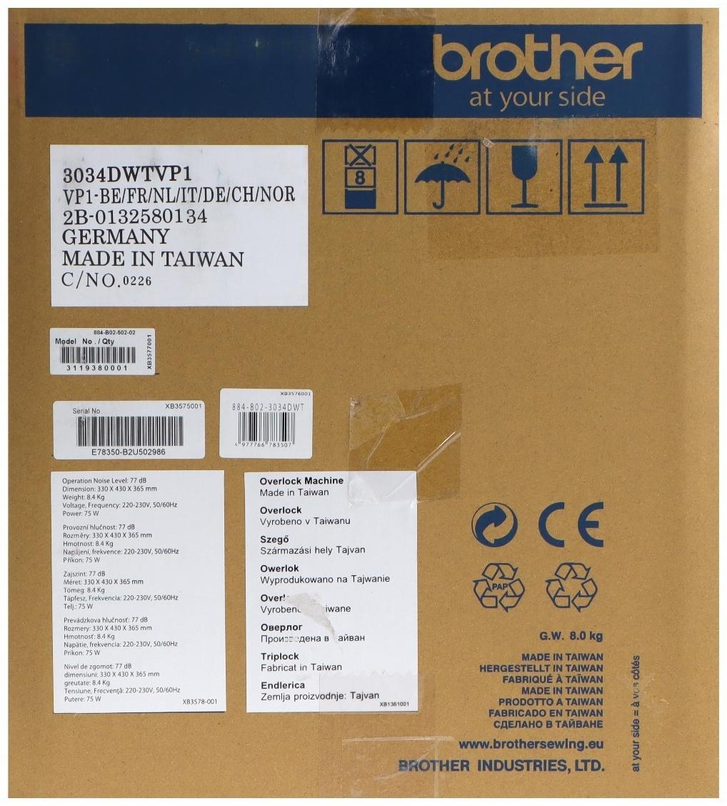 Оверлок Brother 3034 DWTV, 8 операций, 4 нити, 1300 ст/мин, краеобметочный шов, белый