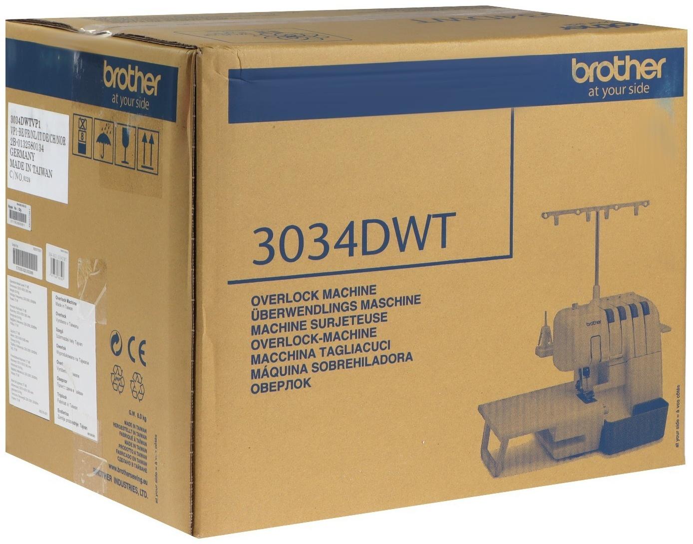 Оверлок Brother 3034 DWTV, 8 операций, 4 нити, 1300 ст/мин, краеобметочный шов, белый