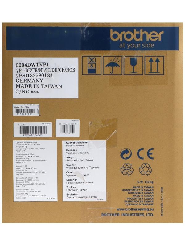 Оверлок Brother 3034 DWTV, 8 операций, 4 нити, 1300 ст/мин, краеобметочный шов, белый