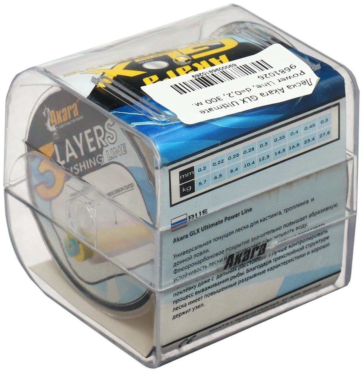 Леска Akara GLX Ultimate Power Line, диаметр 0.2, тест 5.7 кг, 300 м, прозрачная