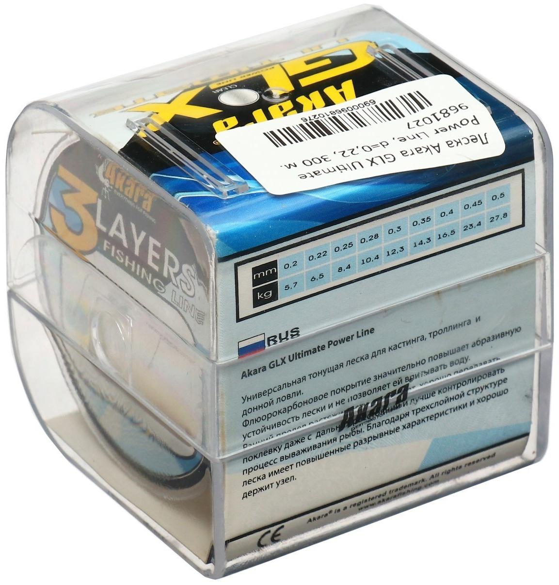 Леска Akara GLX Ultimate Power Line, диаметр 0.22, тест 6.5 кг, 300 м, прозрачная
