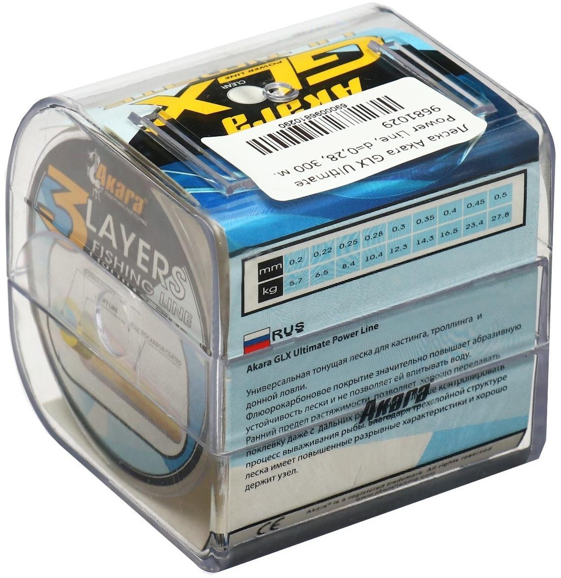 Леска Akara GLX Ultimate Power Line, диаметр 0.28, тест 10.4 кг, 300 м, прозрачная