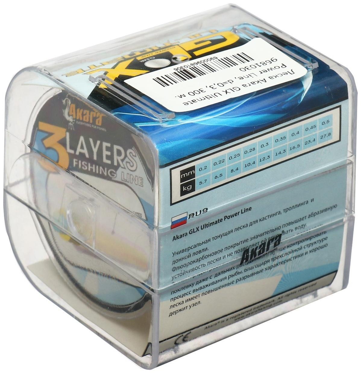 Леска Akara GLX Ultimate Power Line, диаметр 0.3, тест 12.3 кг, 300 м, прозрачная