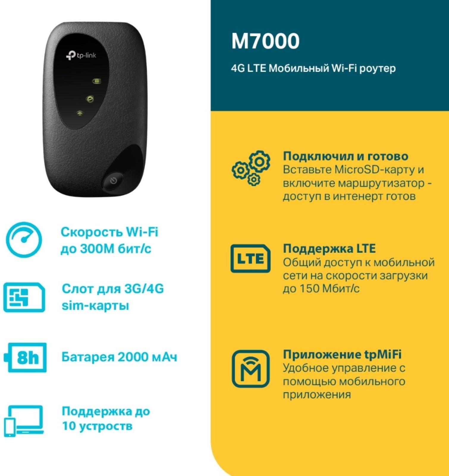 Wi-Fi роутер TP-Link M7000, мобильный, 300 Мбит/с, 150 Мбит/с, 4G, чёрный