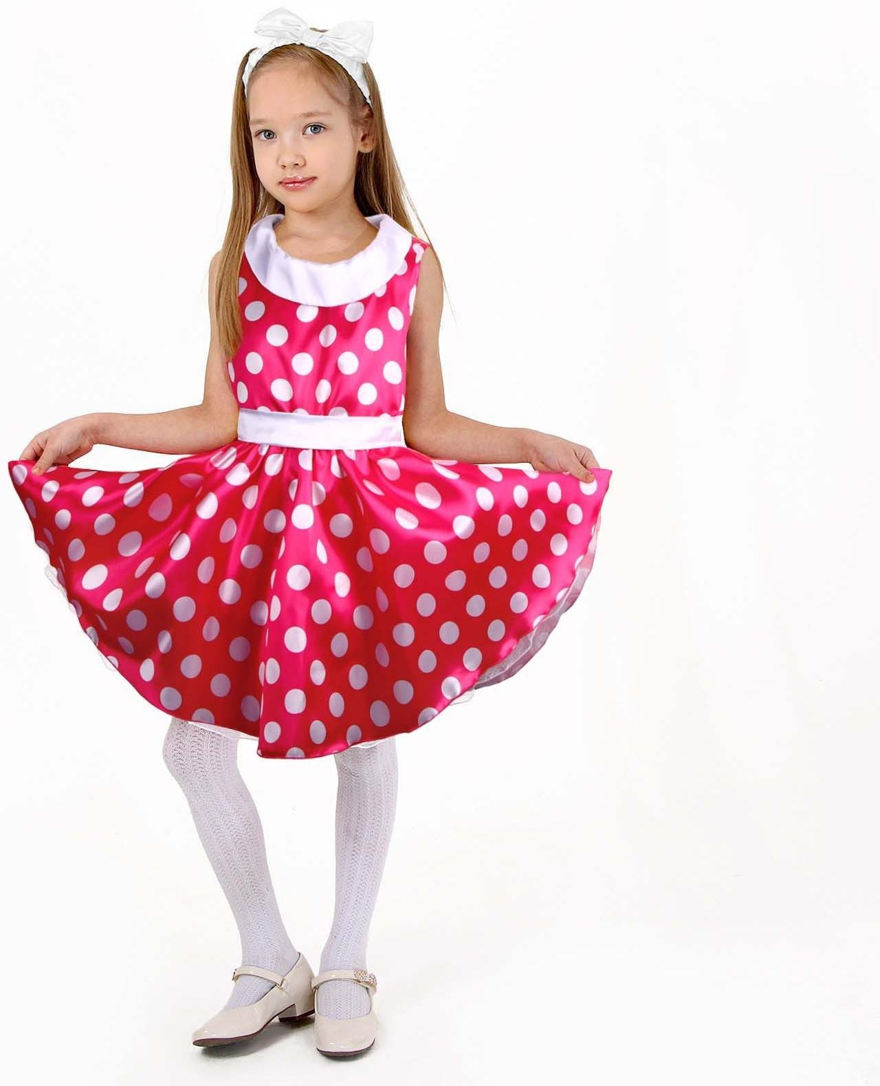 Карнавальный костюм «Стиляги 6», платье фуксия в белый горох, повязка, р. 30, рост 110-116 см