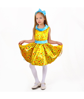 Карнавальный костюм «Стиляги 7», платье жёлтое в мелкий цветной горох, повязка, р. 36, рост 140 см