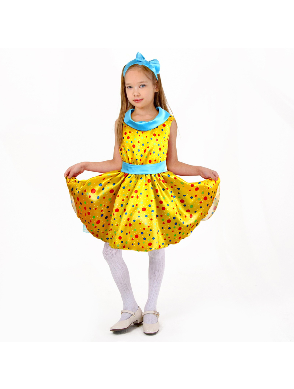 Карнавальный костюм «Стиляги 7», платье жёлтое в мелкий цветной горох, повязка, р. 36, рост 140 см