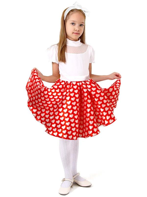 Карнавальный набор «Стиляги 3», юбка красная с белыми сердцами, пояс, повязка, рост 110-116 см
