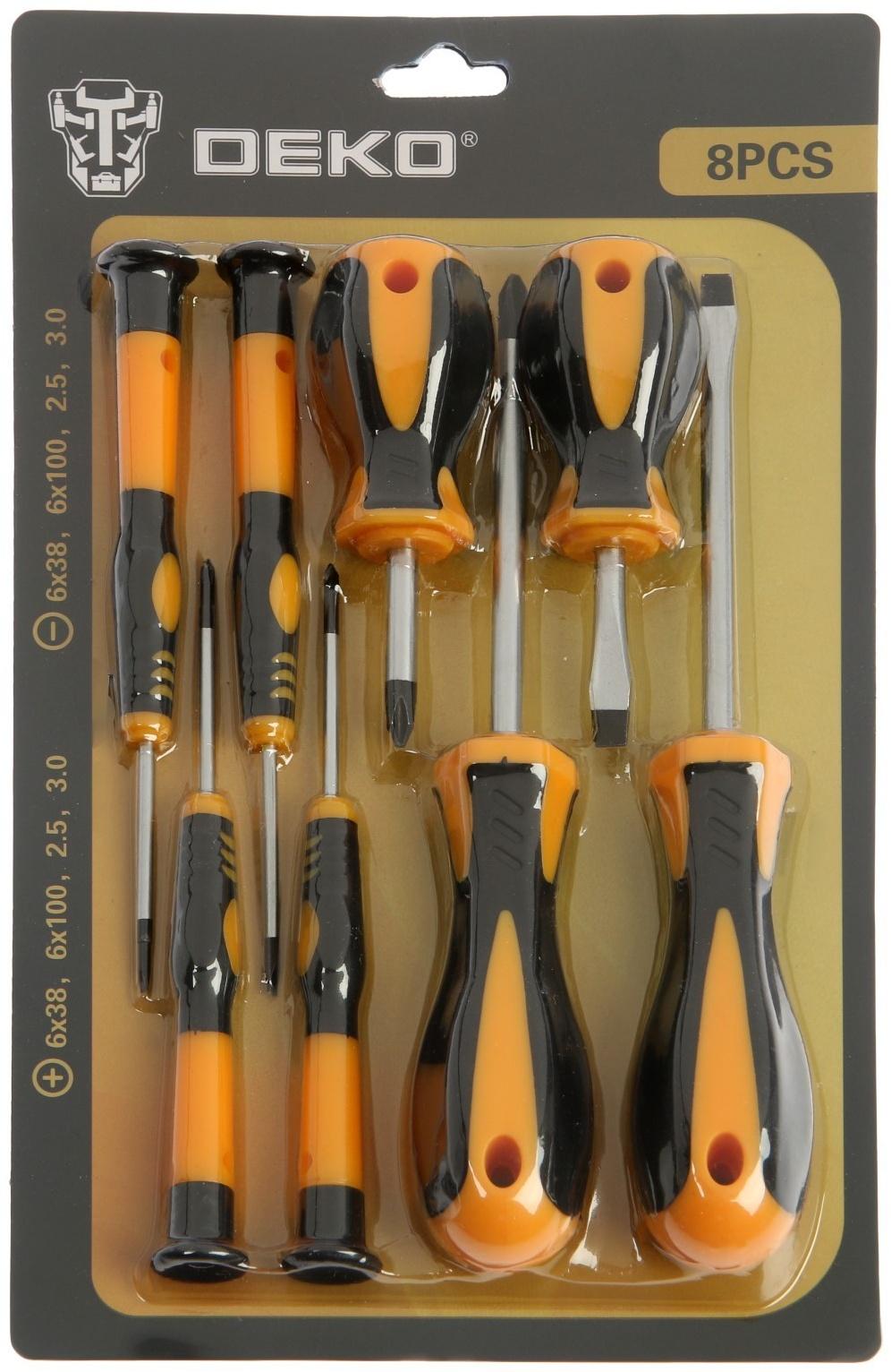 Набор отверток DEKO SS08, PH2 и SL6 х 38 и 100 мм, SL 2.3-3, PH00-0, 8 предметов