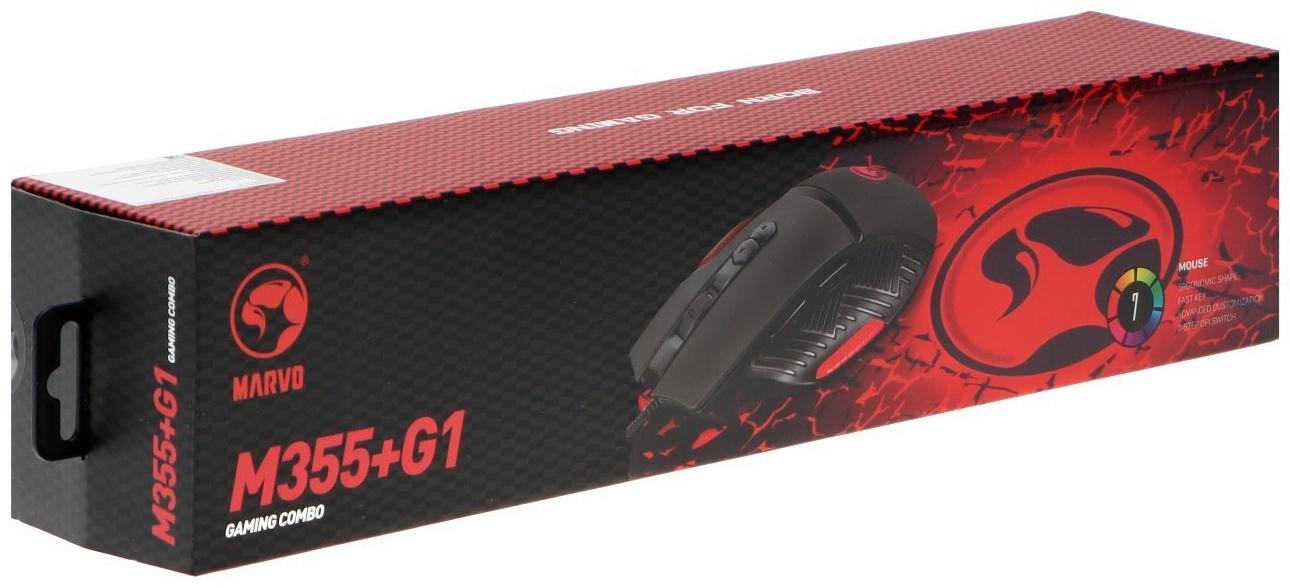 Игровой набор Marvo M355+G1, мышь проводная+коврик, 7200 dpi, цвет черно-красный