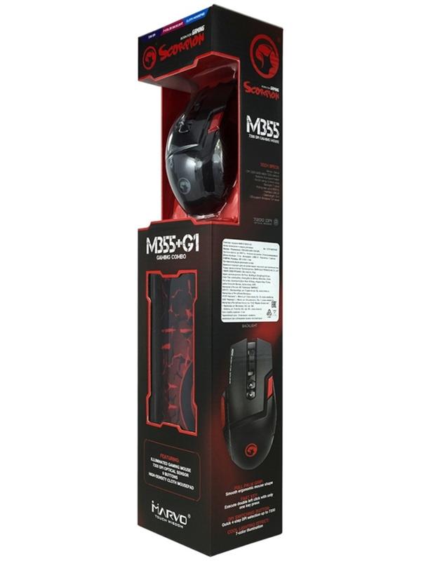 Игровой набор Marvo M355+G1, мышь проводная+коврик, 7200 dpi, цвет черно-красный