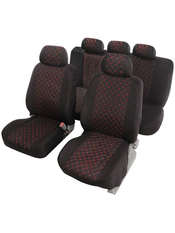 Авточехлы TORSO Premium, 11 предметов, красная строчка