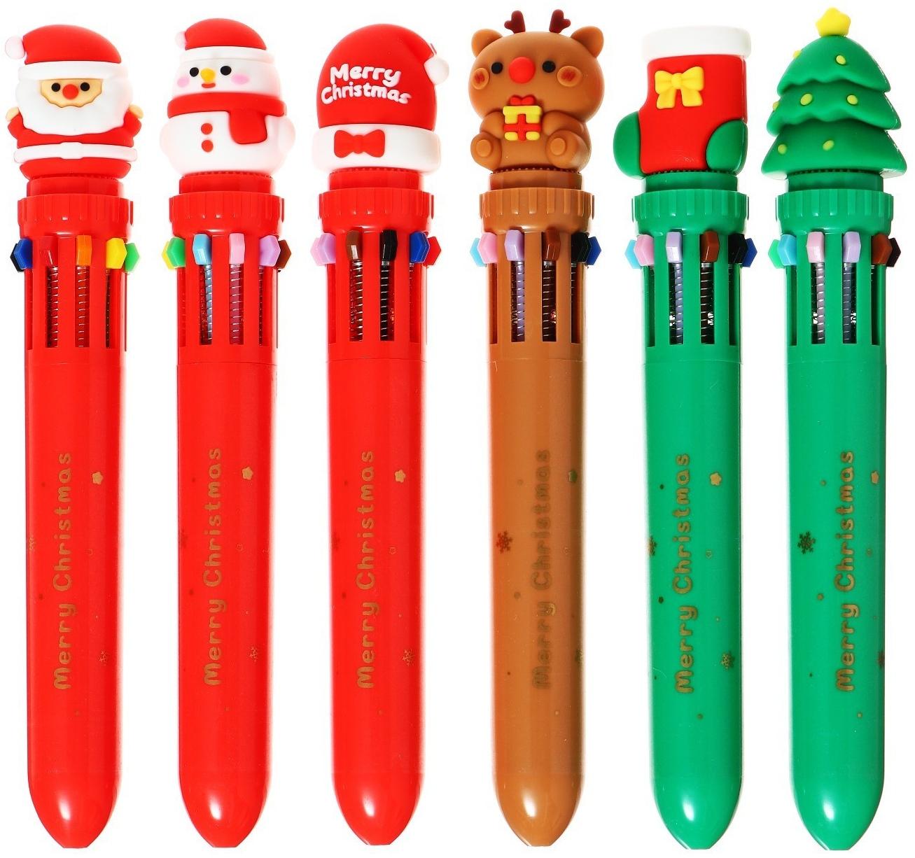 Ручка шариковая автоматическая 10-ти цветная, стержень 0,7мм, Новый год МИКС