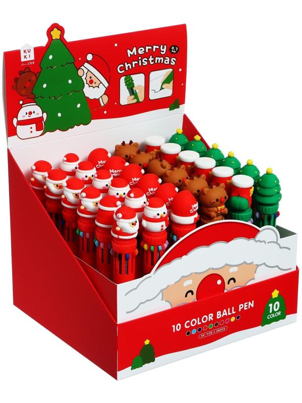 Ручка шариковая автоматическая 10-ти цветная, стержень 0,7мм, Новый год МИКС