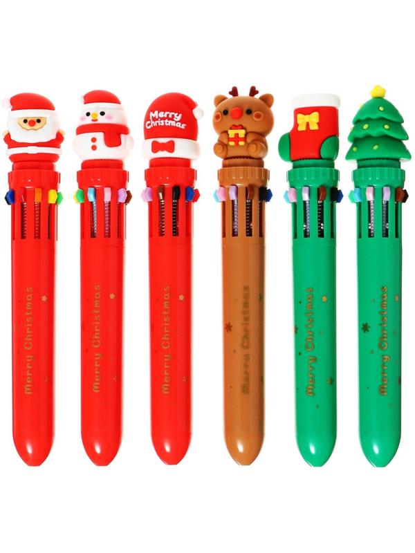 Ручка шариковая автоматическая 10-ти цветная, стержень 0,7мм, Новый год МИКС