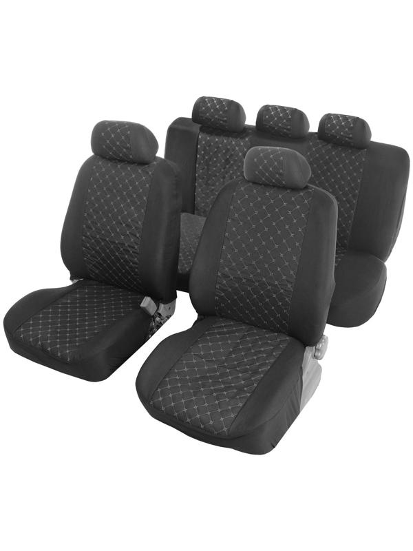 Авточехлы TORSO Premium, 11 предметов, белая строчка