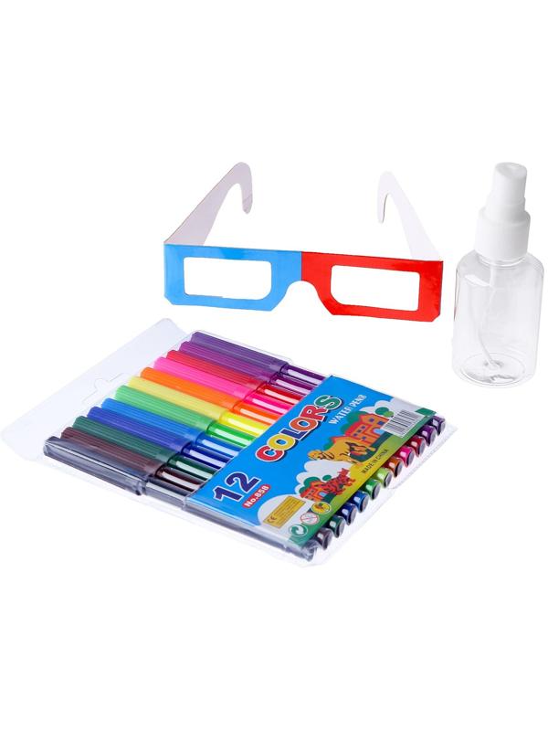 Книжка-раскраска многоразовая «Новый год» фломастеры 12 цв., 3D очки, бутылочка для воды