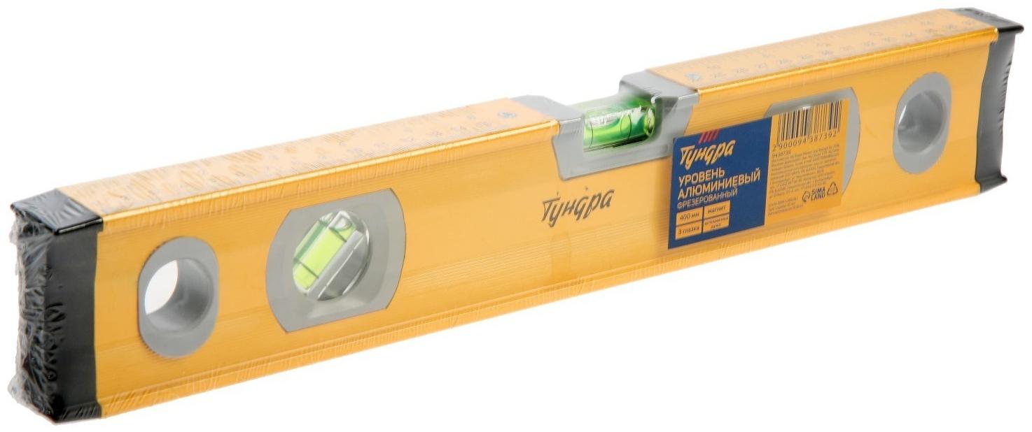 Уровень алюминиевый магнитный ТУНДРА, фрезерованный, 3 глазка, 400 мм