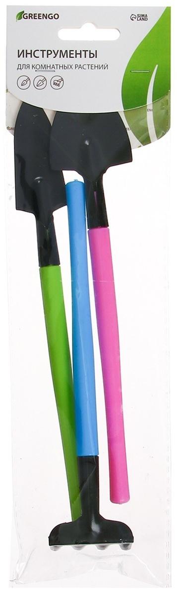 Набор садового инструмента, 3 предмета: грабли, 2 лопатки, длина 21 см, пластиковые ручки, МИКС