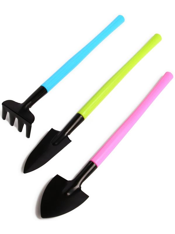 Набор садового инструмента, 3 предмета: грабли, 2 лопатки, длина 21 см, пластиковые ручки, МИКС