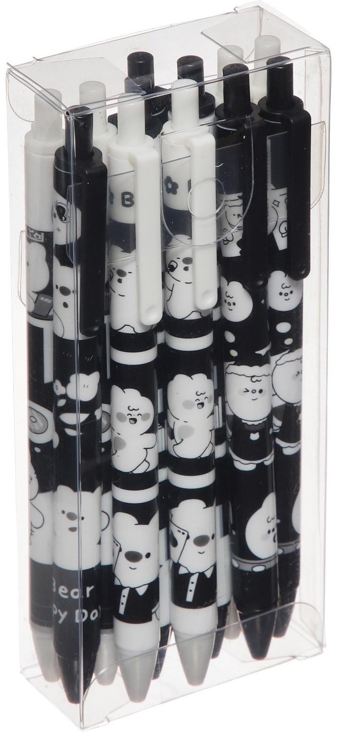 Ручка гелевая автоматическая синяя, ч/б корпус, Медведь МИКС