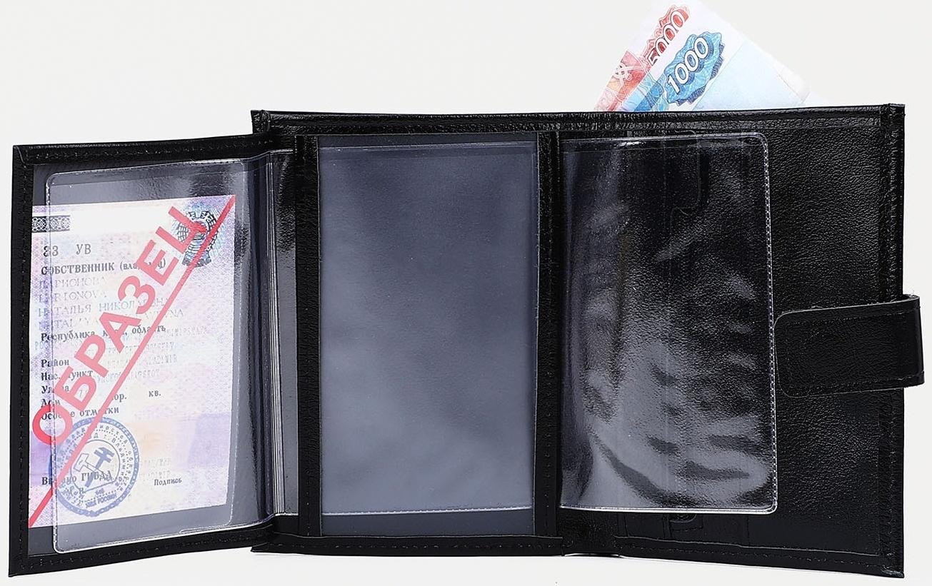 Портмоне на кнопке, 3 в 1, для автодокументов, для паспорта, для купюр, цвет чёрный