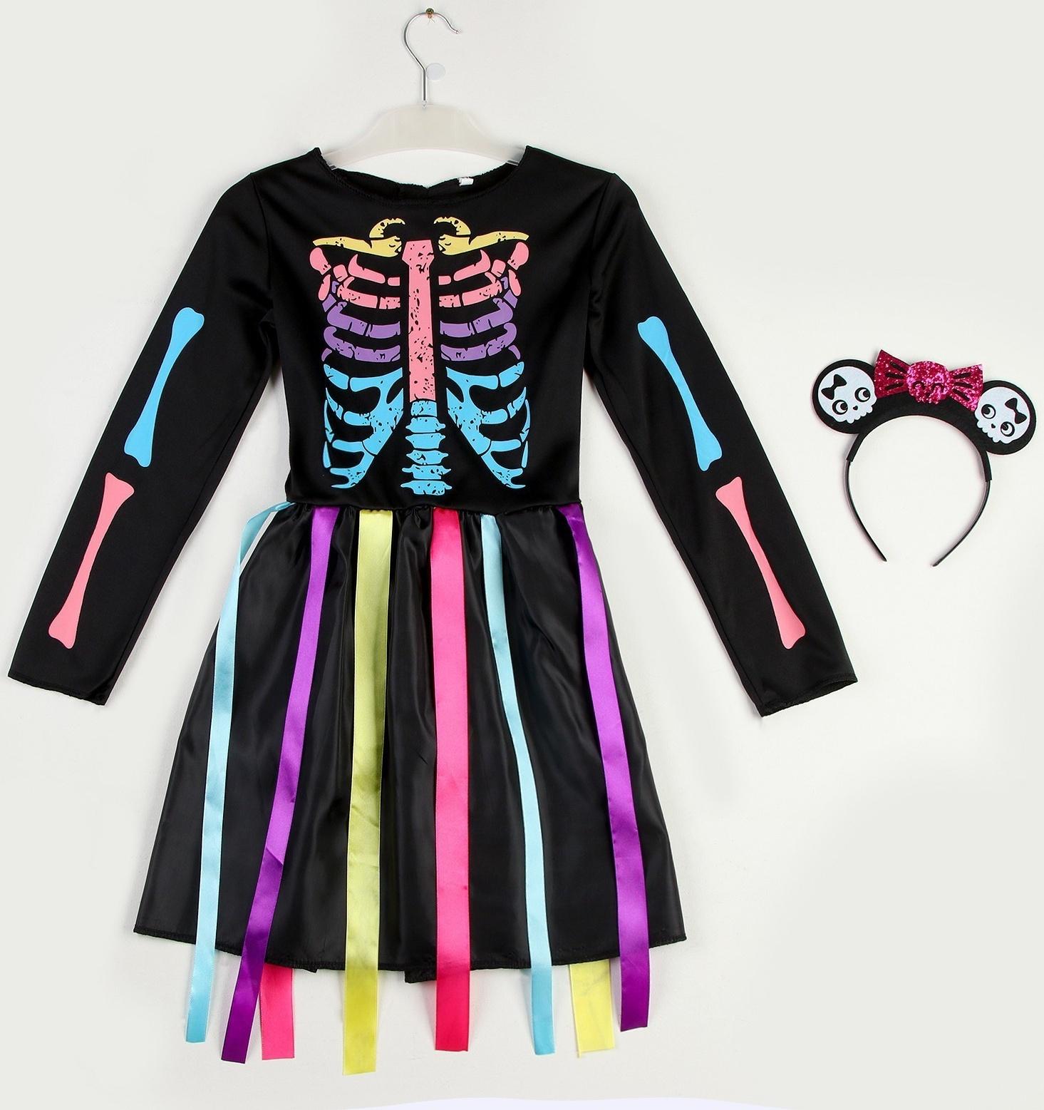 Карнавальный набор «Радужный скелетик», платье и ободок, р. S