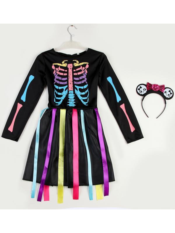 Карнавальный набор «Радужный скелетик», платье и ободок, р. S
