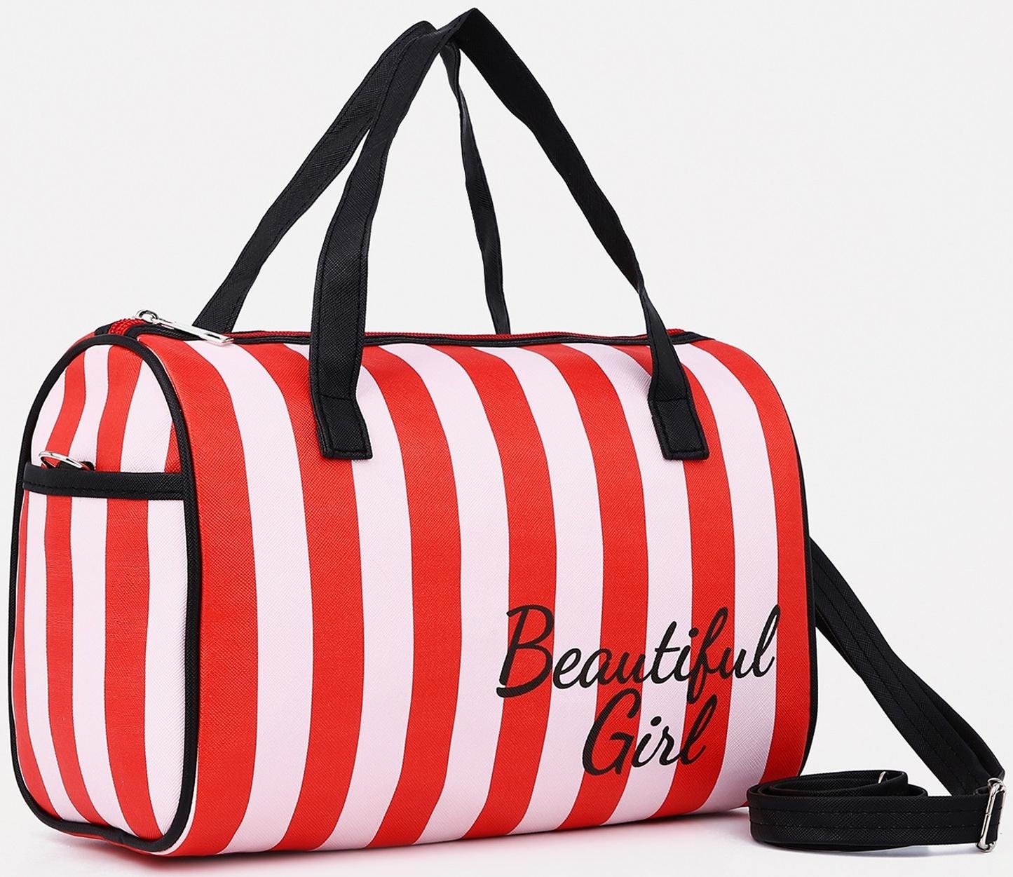 Сумка спортивная на молнии, 2 наружных кармана, длинный ремень, цвет красный/белый