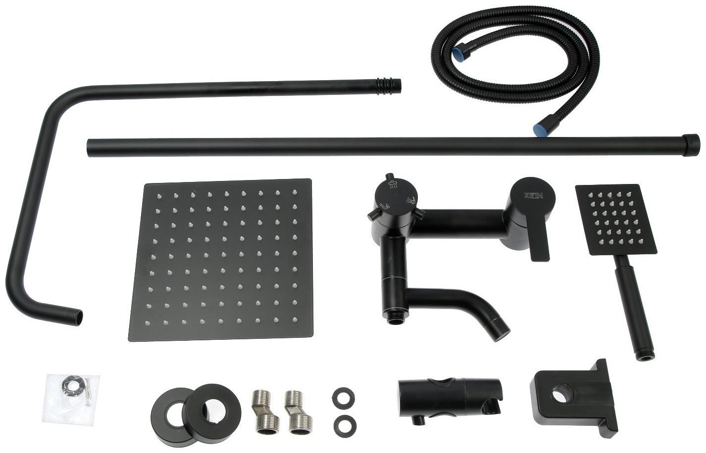 Душевая система ZEIN ZS-65BL, смеситель, троп. и ручная лейка квадрат, нерж. сталь, черный