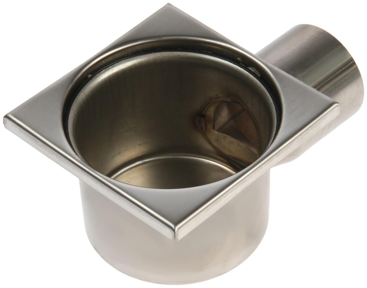 Трап ZEIN, 100х100 мм, горизонтальный, d=50 мм, угловой выпуск, нержавеющая сталь