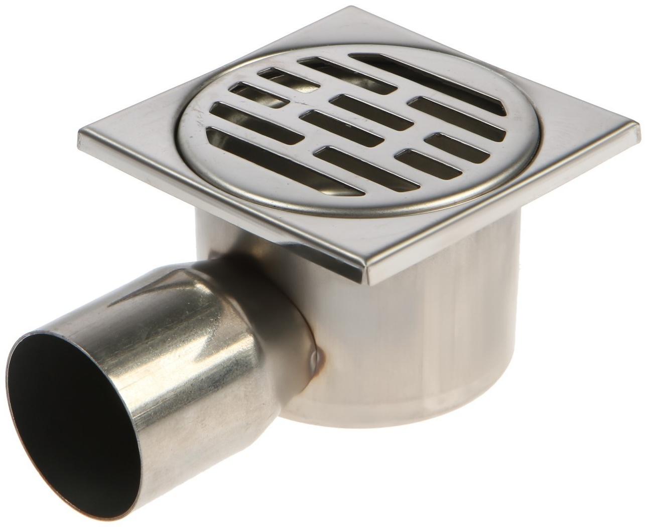 Трап ZEIN, 100х100 мм, горизонтальный, d=50 мм, угловой выпуск, нержавеющая сталь