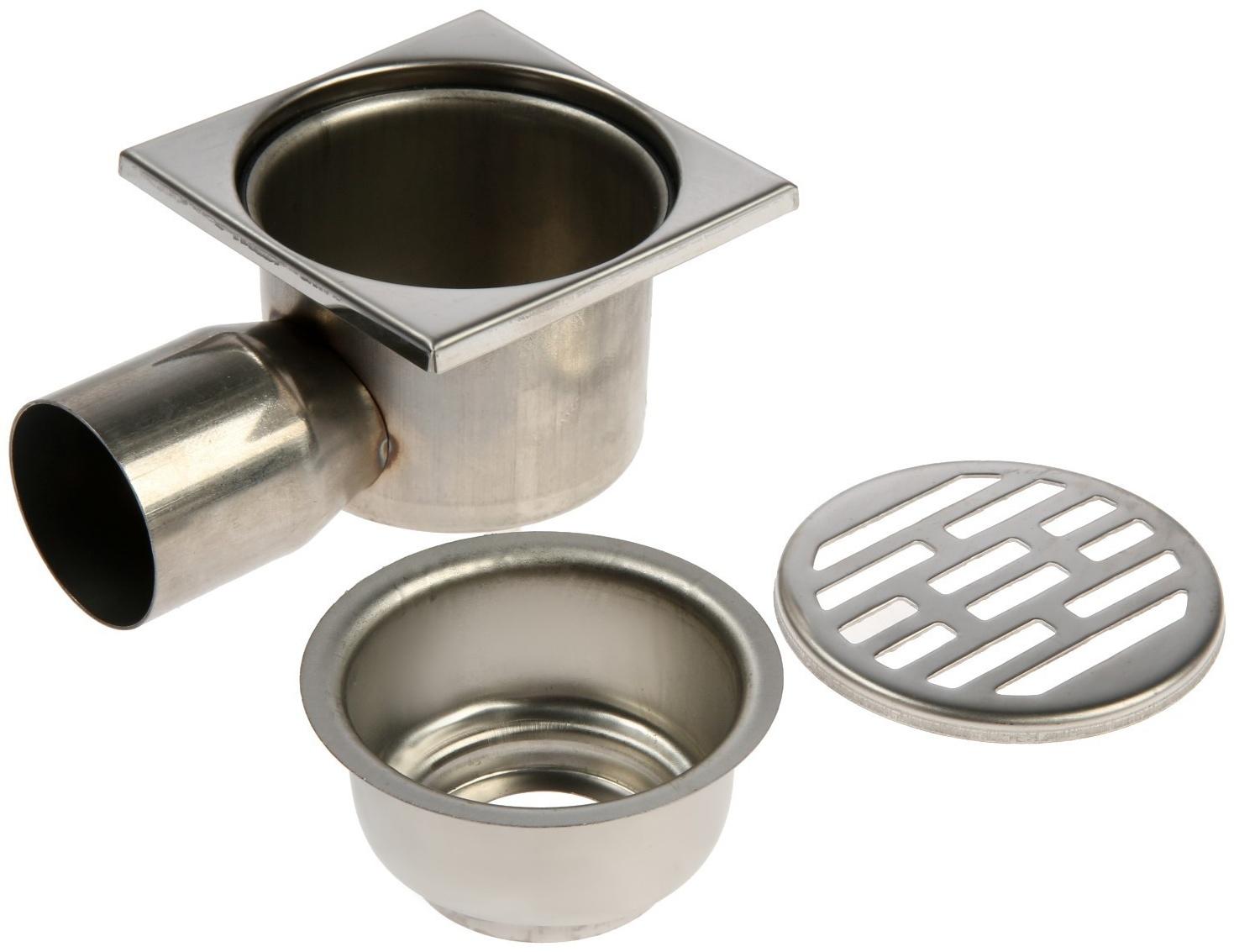 Трап ZEIN, 100х100 мм, горизонтальный, d=50 мм, угловой выпуск, нержавеющая сталь