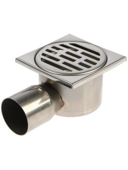 Трап ZEIN, 100х100 мм, горизонтальный, d=50 мм, угловой выпуск, нержавеющая сталь