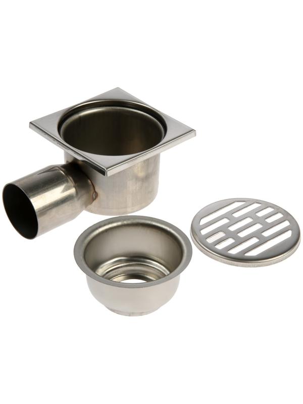 Трап ZEIN, 100х100 мм, горизонтальный, d=50 мм, угловой выпуск, нержавеющая сталь