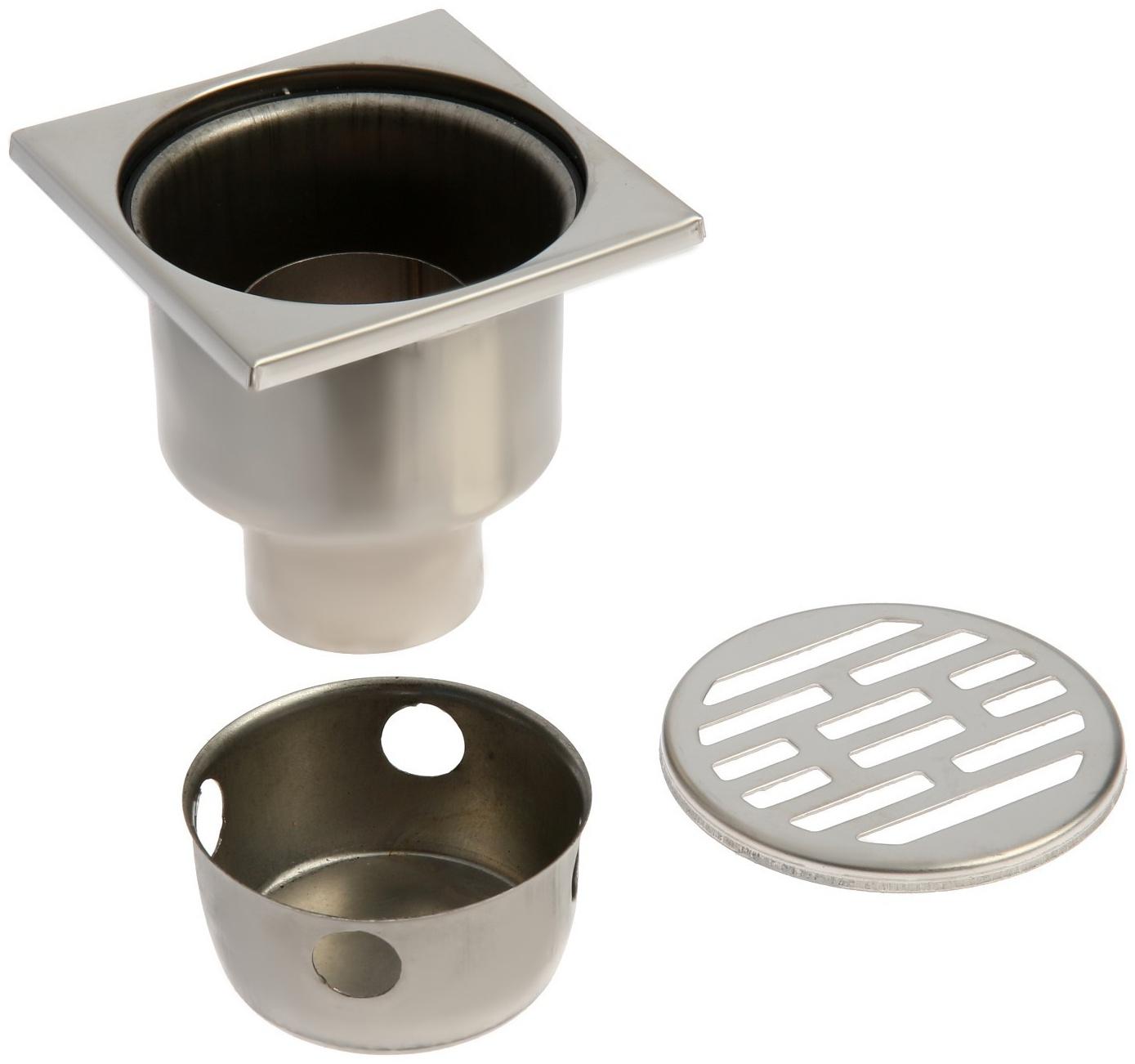 Трап ZEIN, 100х100 мм, вертикальный, d=50 мм, прямой выпуск, нержавеющая сталь