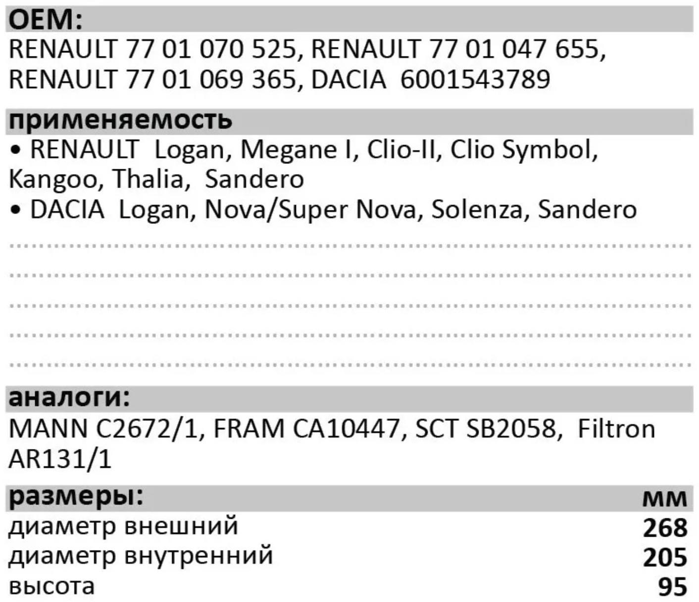 Фильтр воздушный LUXЕ, LX-994-B, Renault, аналоги: AR131/1, CA10447, C2672/1, SB2058