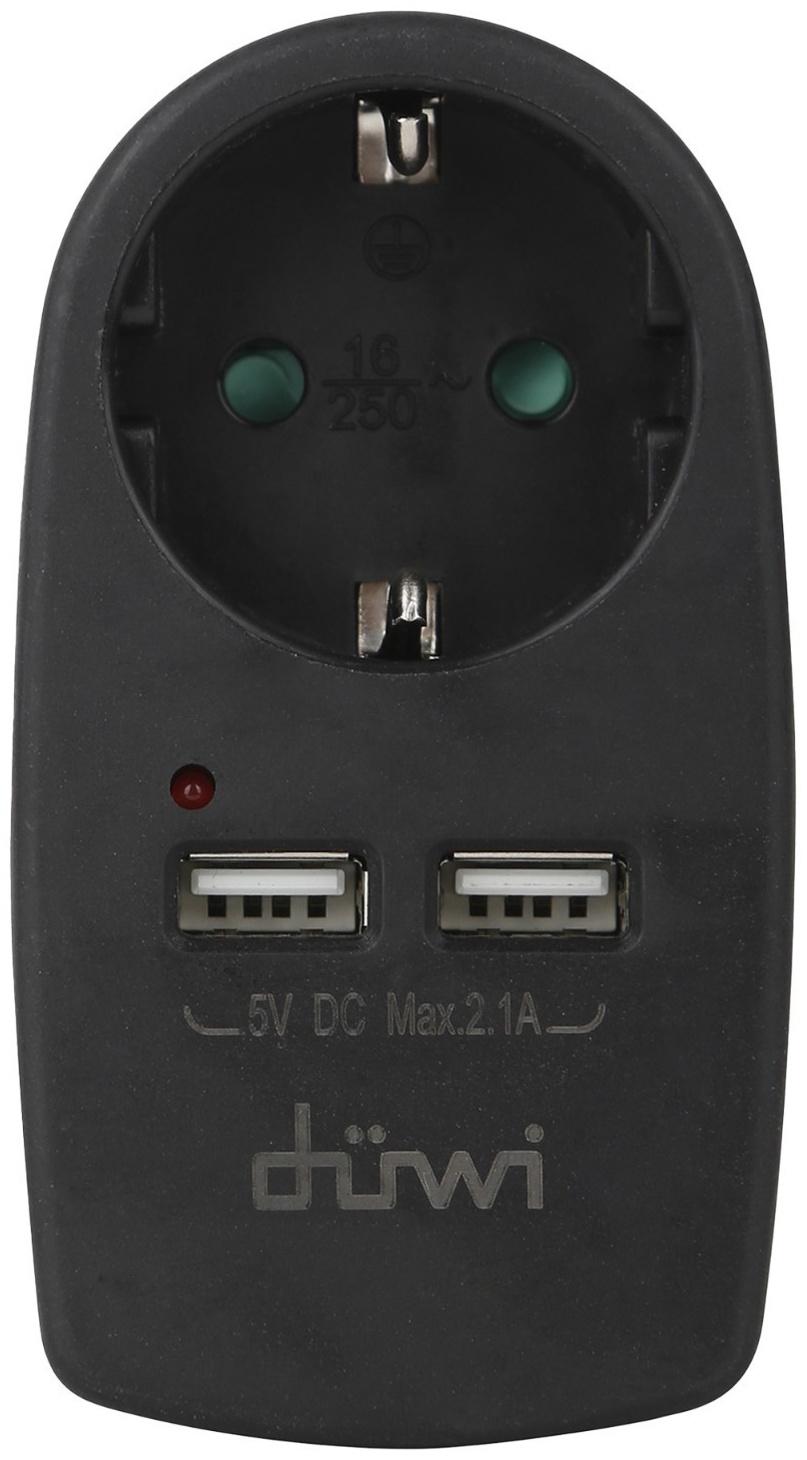 Адаптер 1 гнездо + 2 USB порта, на евро вилку, с/з, 16A, 230В, 3680Вт, IP20, черный, 27419 3