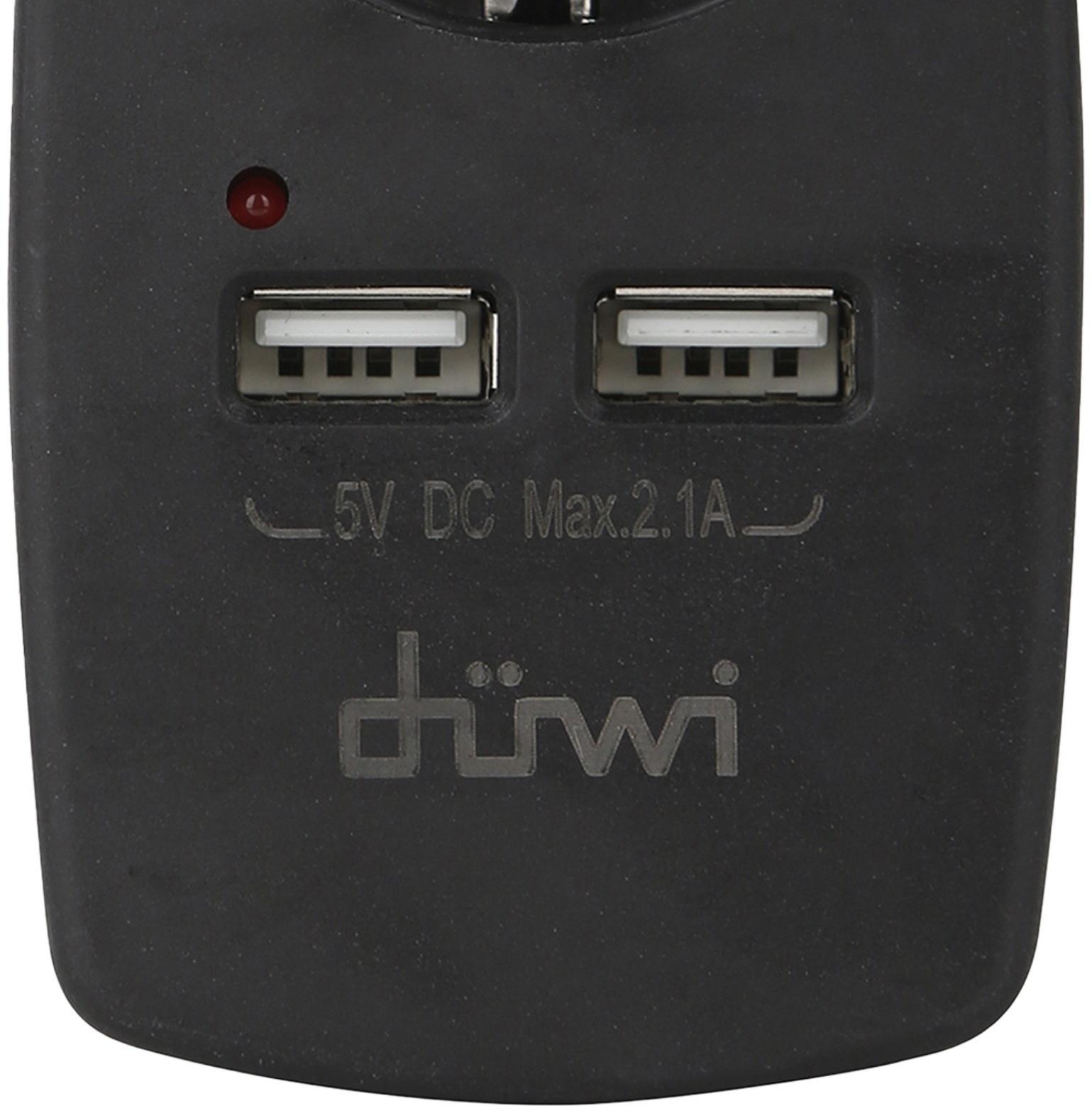 Адаптер 1 гнездо + 2 USB порта, на евро вилку, с/з, 16A, 230В, 3680Вт, IP20, черный, 27419 3