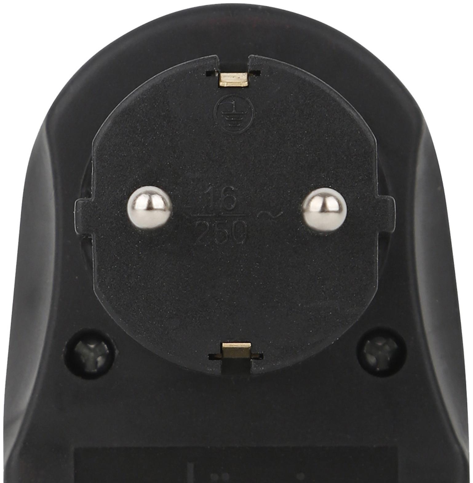 Адаптер 1 гнездо + 2 USB порта, на евро вилку, с/з, 16A, 230В, 3680Вт, IP20, черный, 27419 3