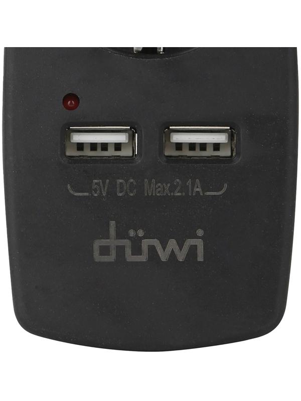 Адаптер 1 гнездо + 2 USB порта, на евро вилку, с/з, 16A, 230В, 3680Вт, IP20, черный, 27419 3