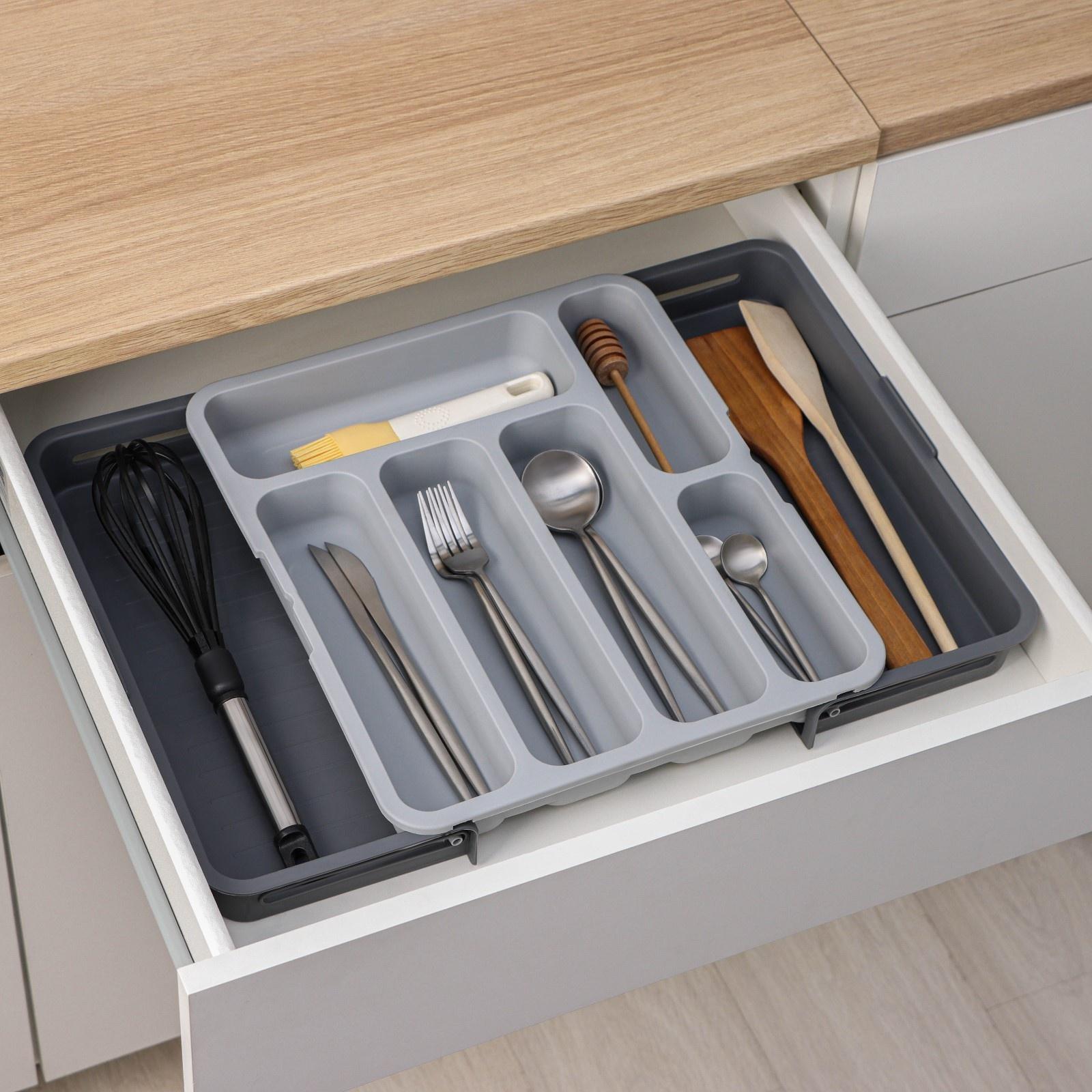 Лоток для столовых приборов, раздвижной, 31×35,5×5,5 см, 5 отделениий, цвет серый