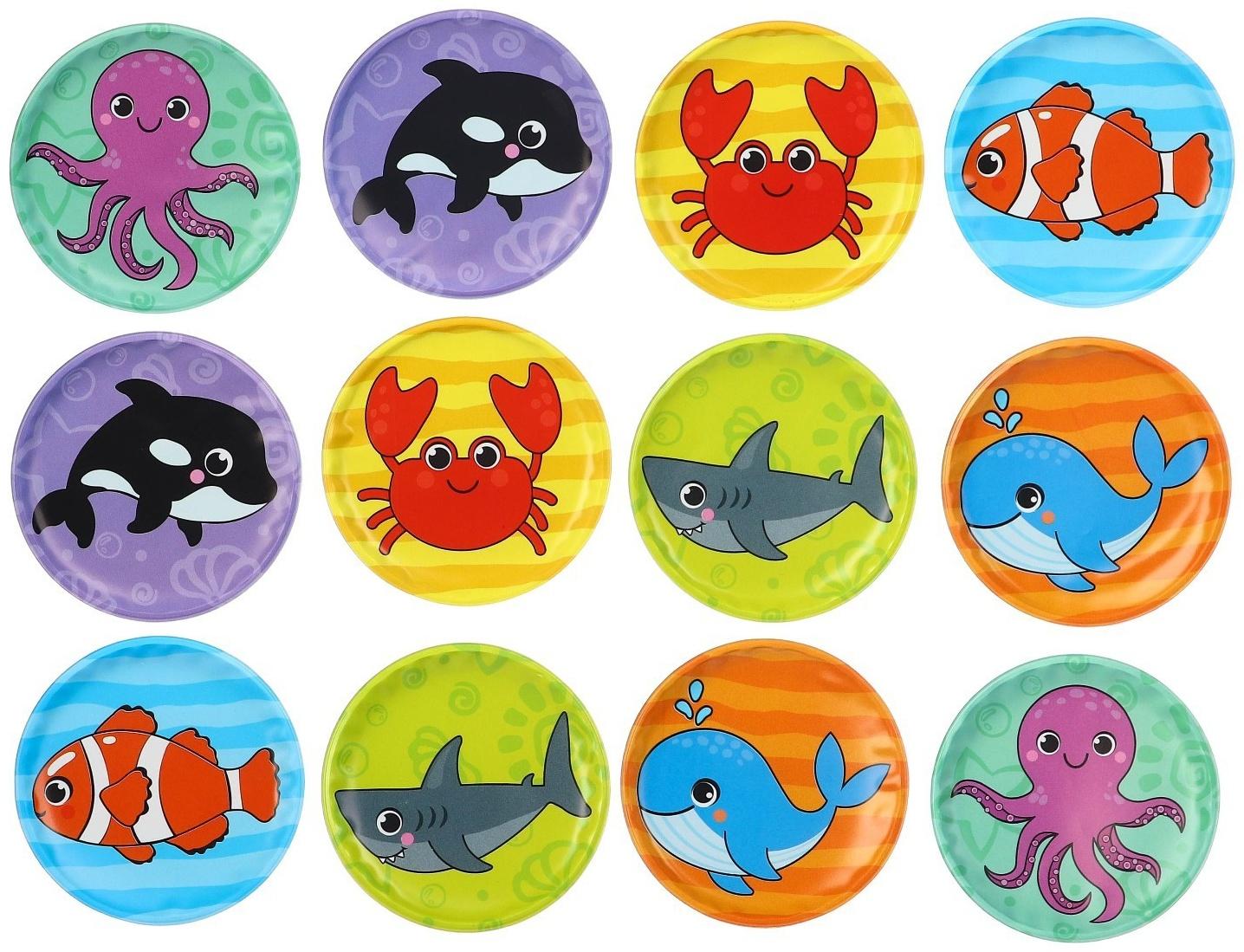 Мемо-игра: развивающие наклейки - присоски многоразовые для игры в ванной «Морские животные» найди пару, 6 пар,12 стикеров EVA
