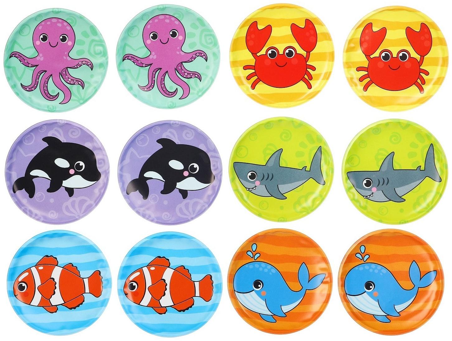 Мемо-игра: развивающие наклейки - присоски многоразовые для игры в ванной «Морские животные» найди пару, 6 пар,12 стикеров EVA