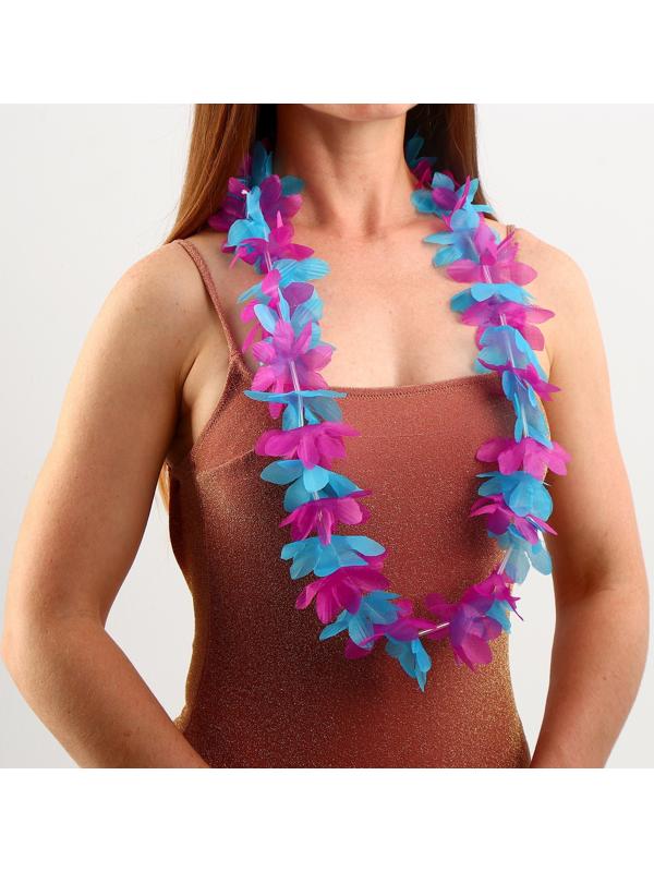 Гавайское ожерелье «Яркие цветы», цвет розово-голубой