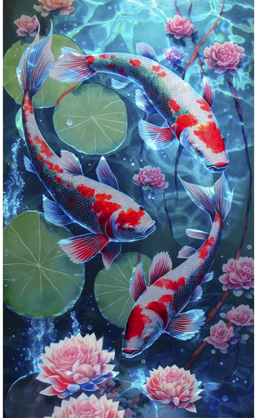 Алмазная вышивка с частичным заполнением на холсте «Карпы»‎, 15 х 21 см