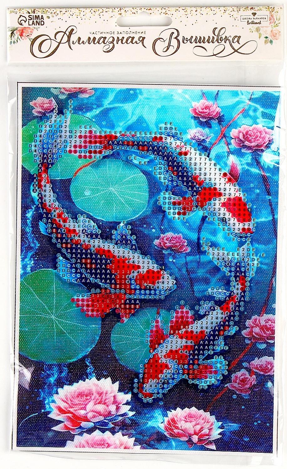 Алмазная вышивка с частичным заполнением на холсте «Карпы»‎, 15 х 21 см