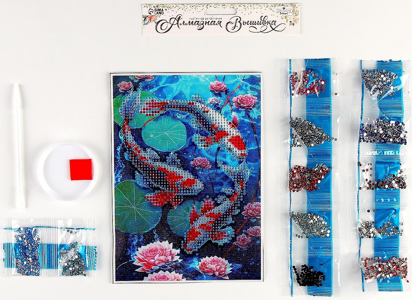 Алмазная вышивка с частичным заполнением на холсте «Карпы»‎, 15 х 21 см