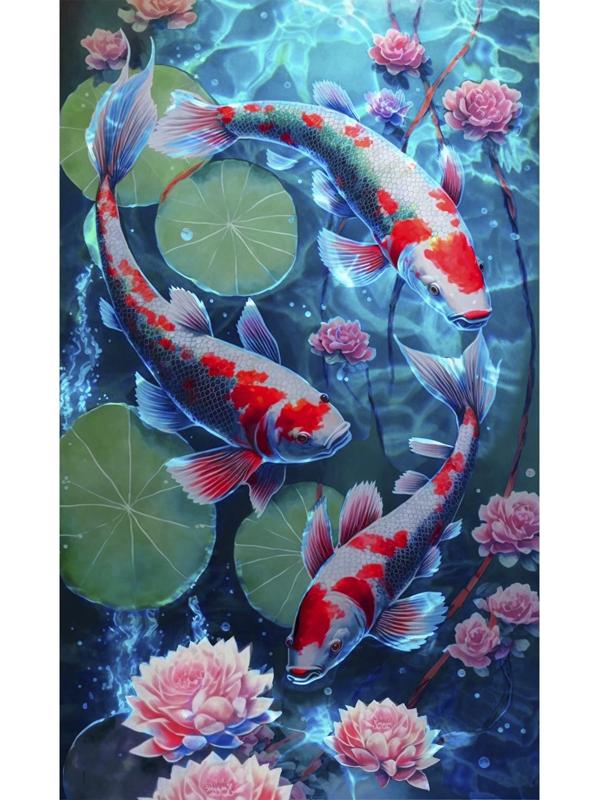 Алмазная вышивка с частичным заполнением на холсте «Карпы»‎, 15 х 21 см